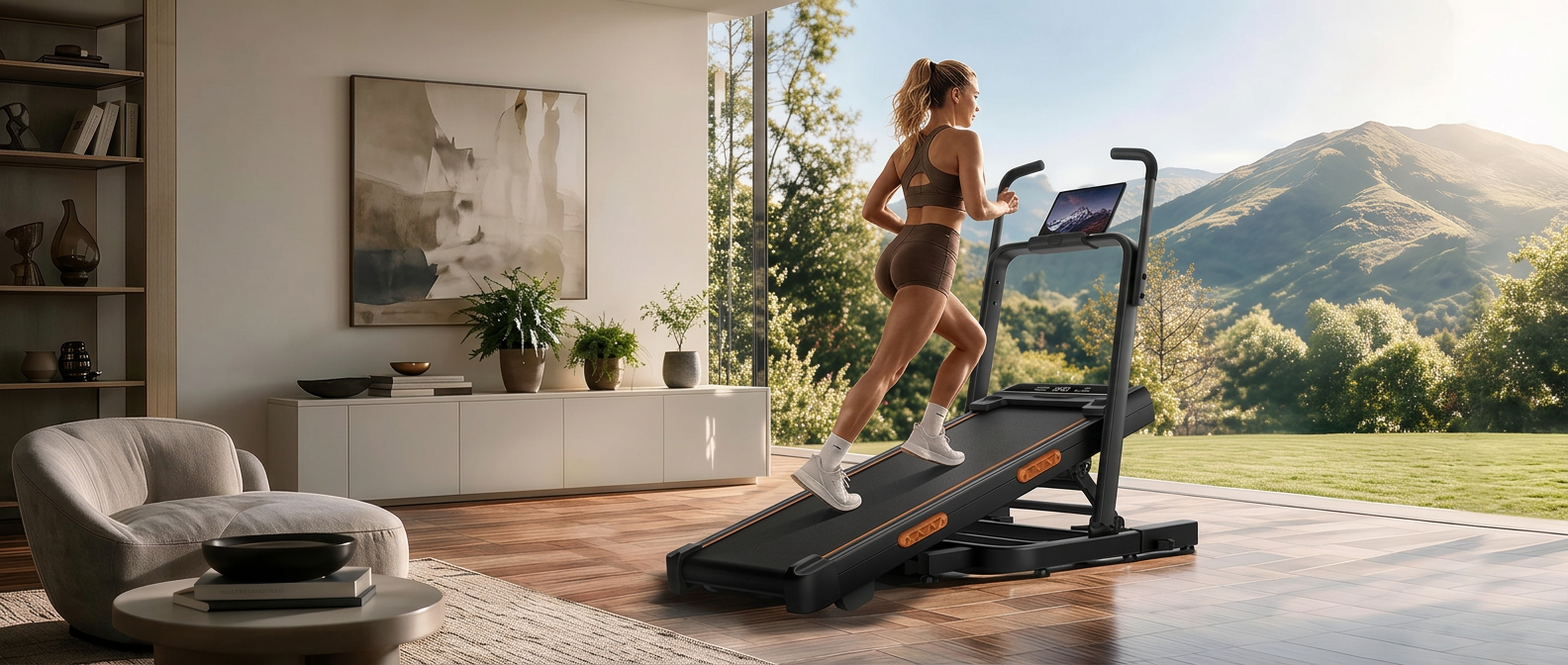 Woman running on an incline treadmill at home with mountain views
